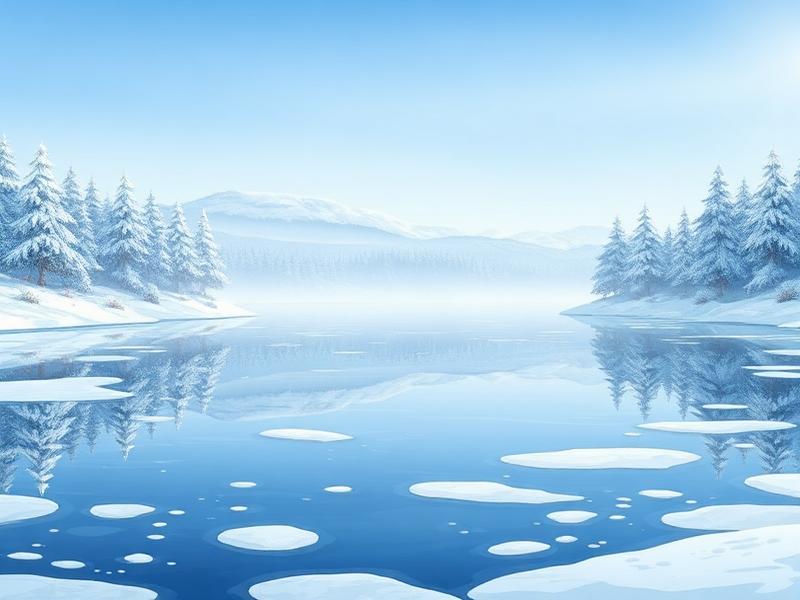 Lago congelado con reflejos de árboles nevados, ilustración vectorial