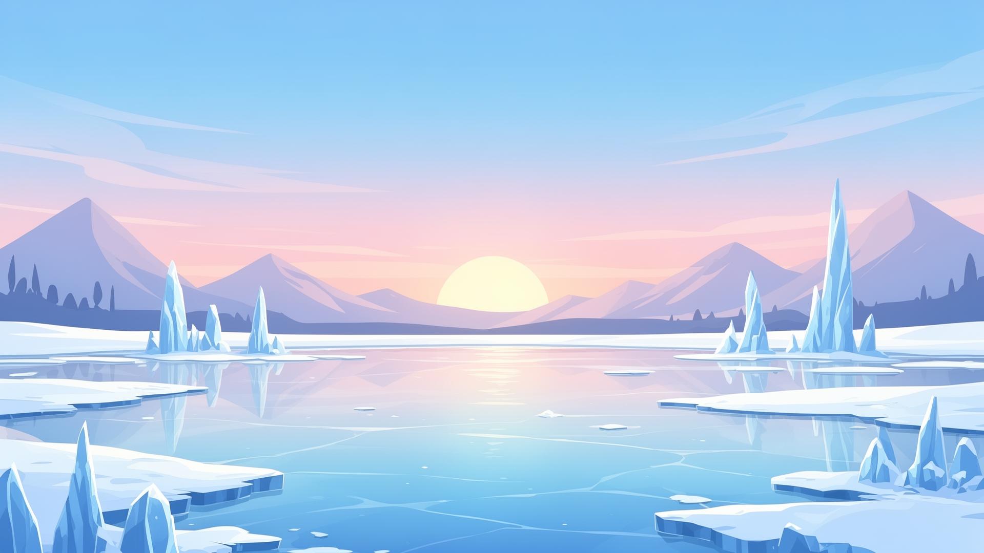 Amanecer invernal sobre un lago helado con montañas al fondo, ilustración vectorial