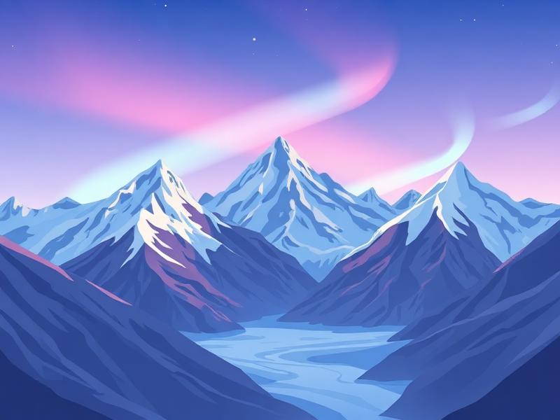 Montañas nevadas con aurora boreal en tonos rosa y azul, ilustración vectorial