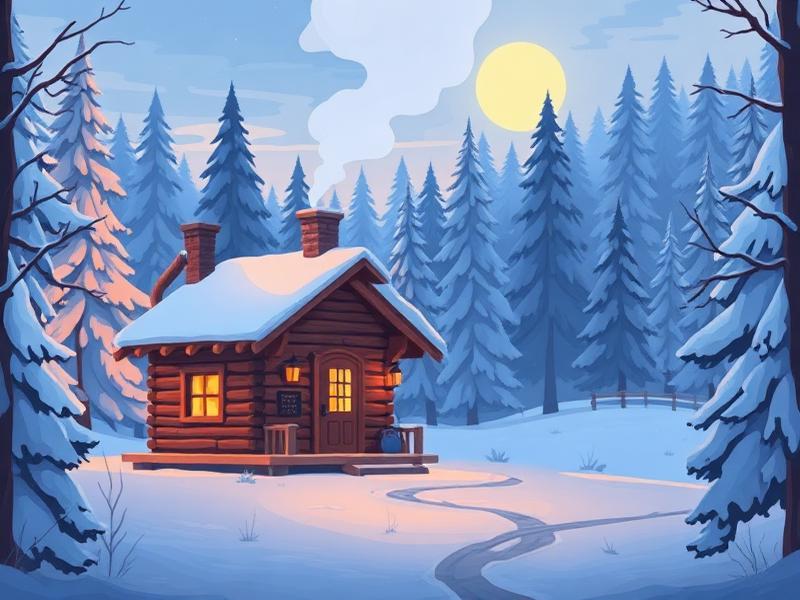 Cabaña acogedora en bosque nevado con luz cálida, ilustración vectorial